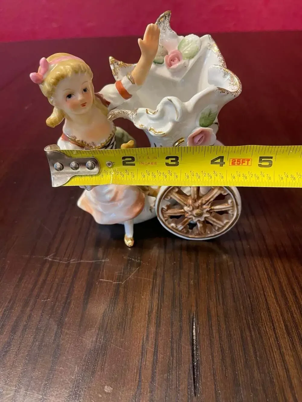 Vintage Porcelain Girl Pushing Floral Carriage Spill Vase Planter